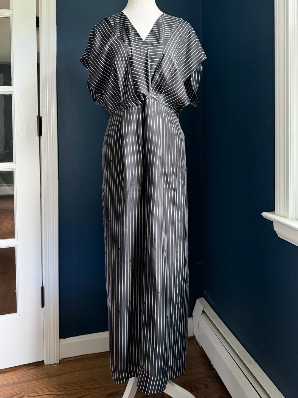 Diane Von Furstenberg 100% Silk Wide Leg Jumpsuit, Black Pinstripe | Size 4